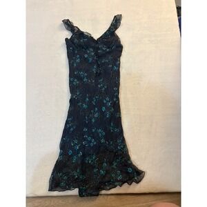 Vintage Y2K Floral Glitter Mesh Ruffle Midi Dress Blue Teal Medium